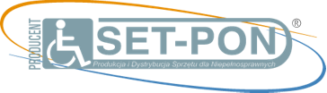 Logo firmy SetPon z podpisem: produkcja i dystrybucja sprzętu dla niepełnosprawnych